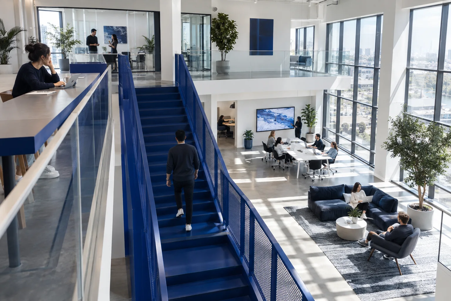 Teams working across a bright shared creative workspace.