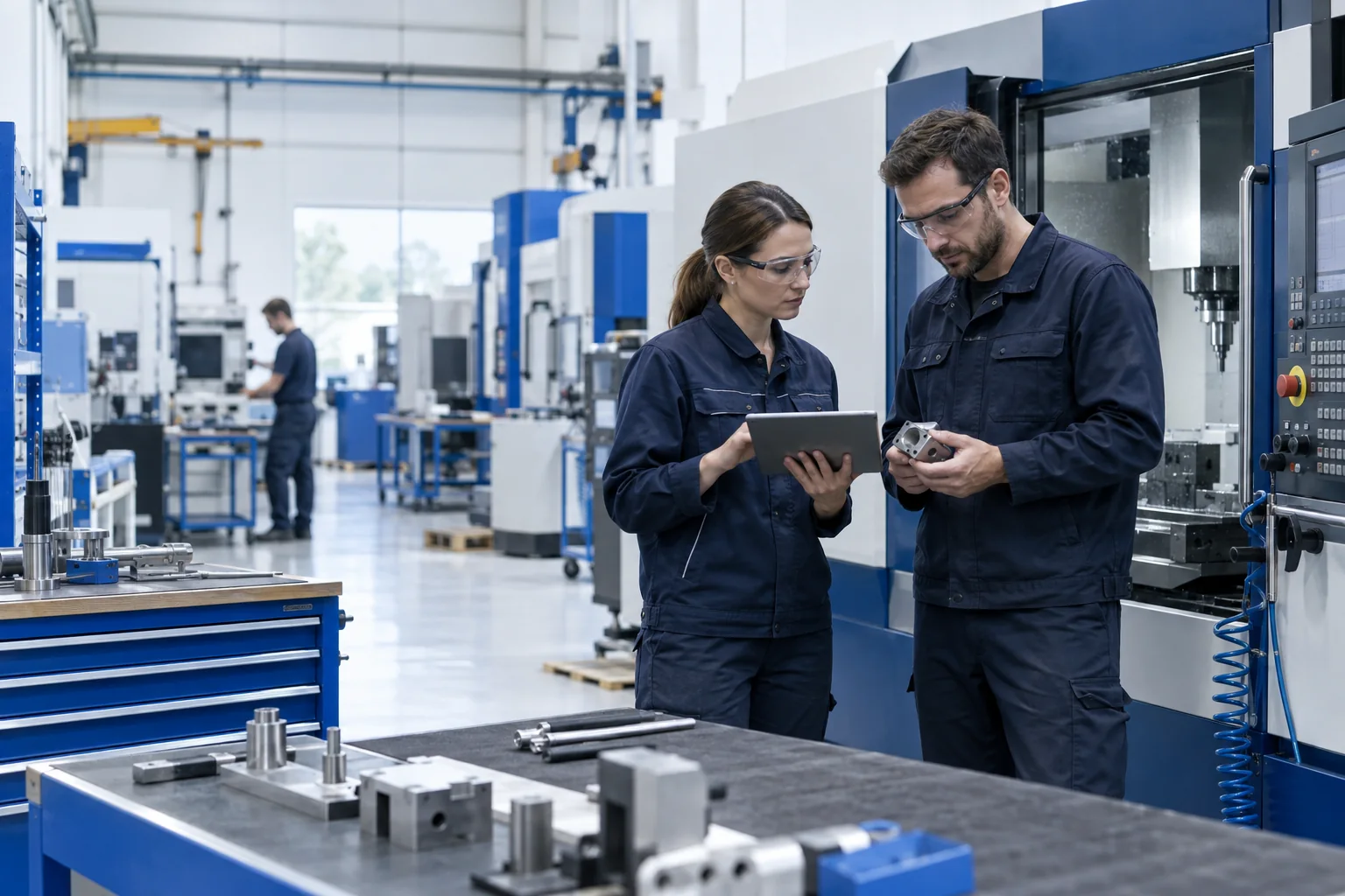 Production engineers comparing a component with its manufacturing plan.