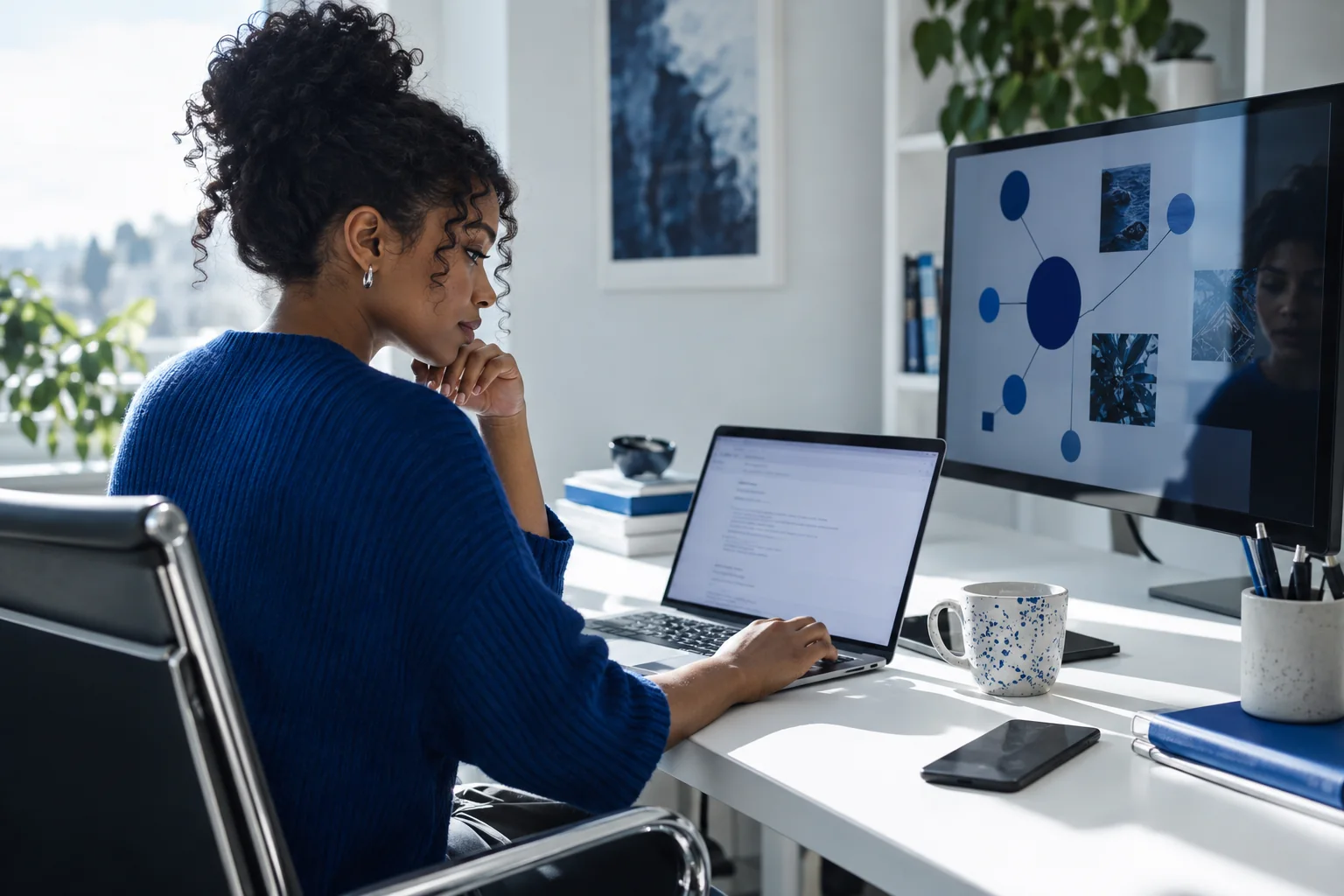 A designer drafting a visual map with AI at her desk.