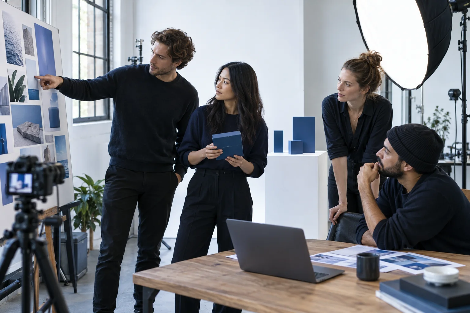 A marketing team developing a campaign direction in a studio.
