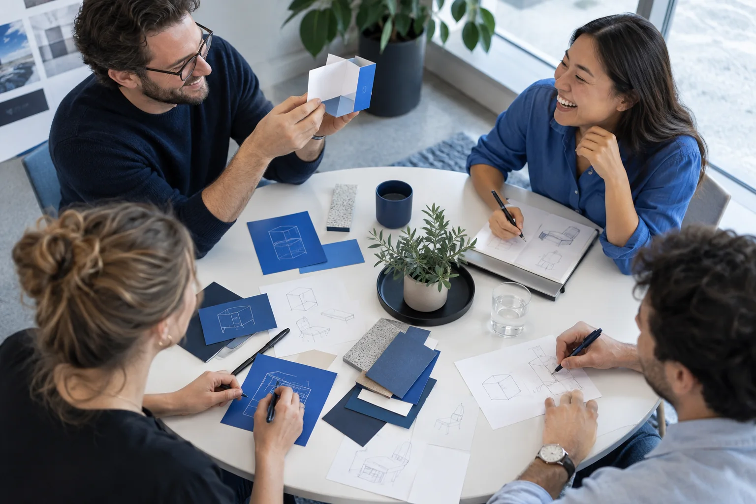 A group exploring ideas and paper prototypes around a round table.