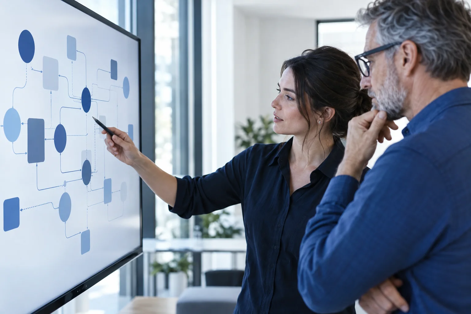 Two colleagues discussing the connections in a system diagram.