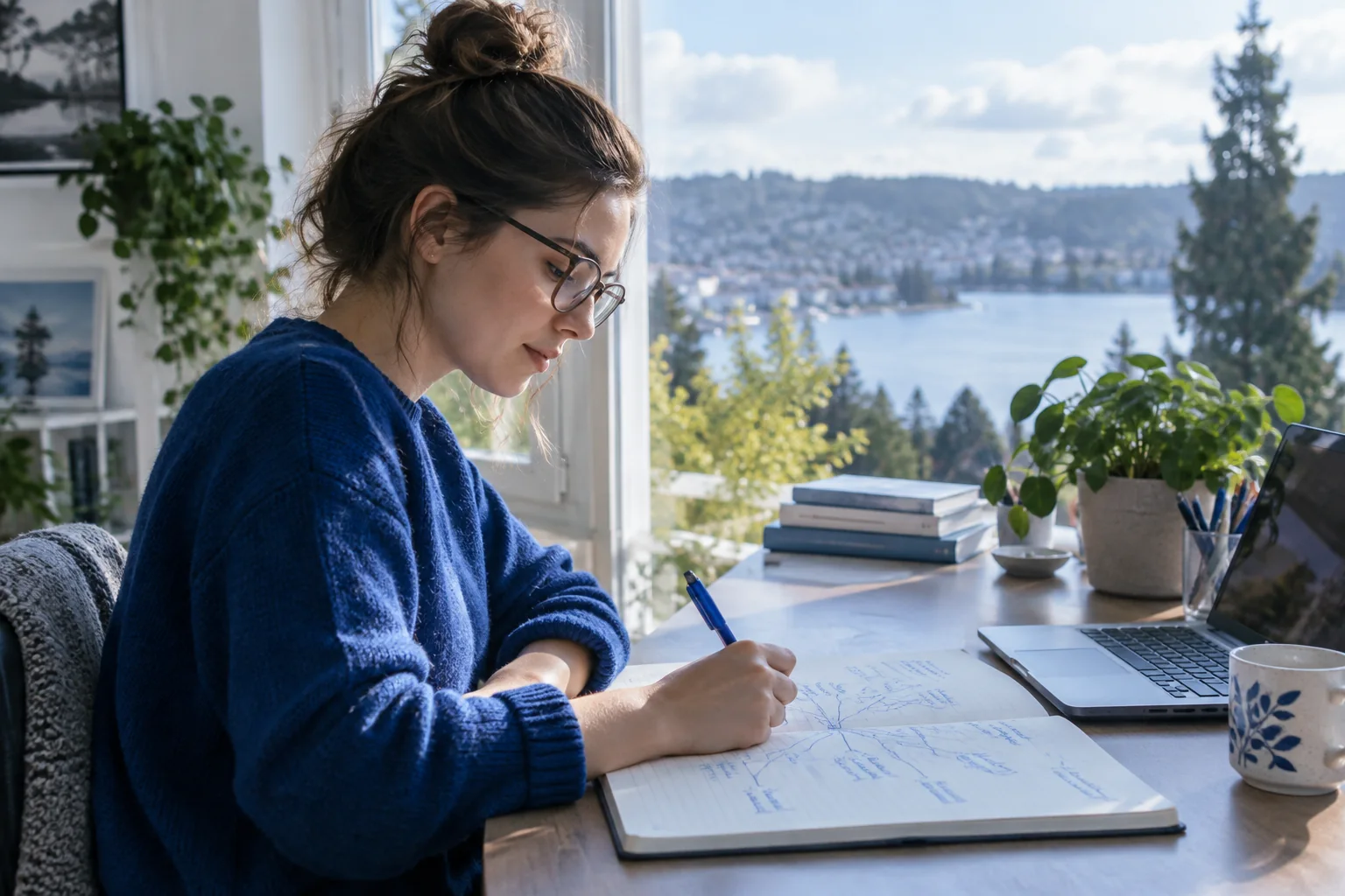 A researcher sketching connections in a branching mind map.