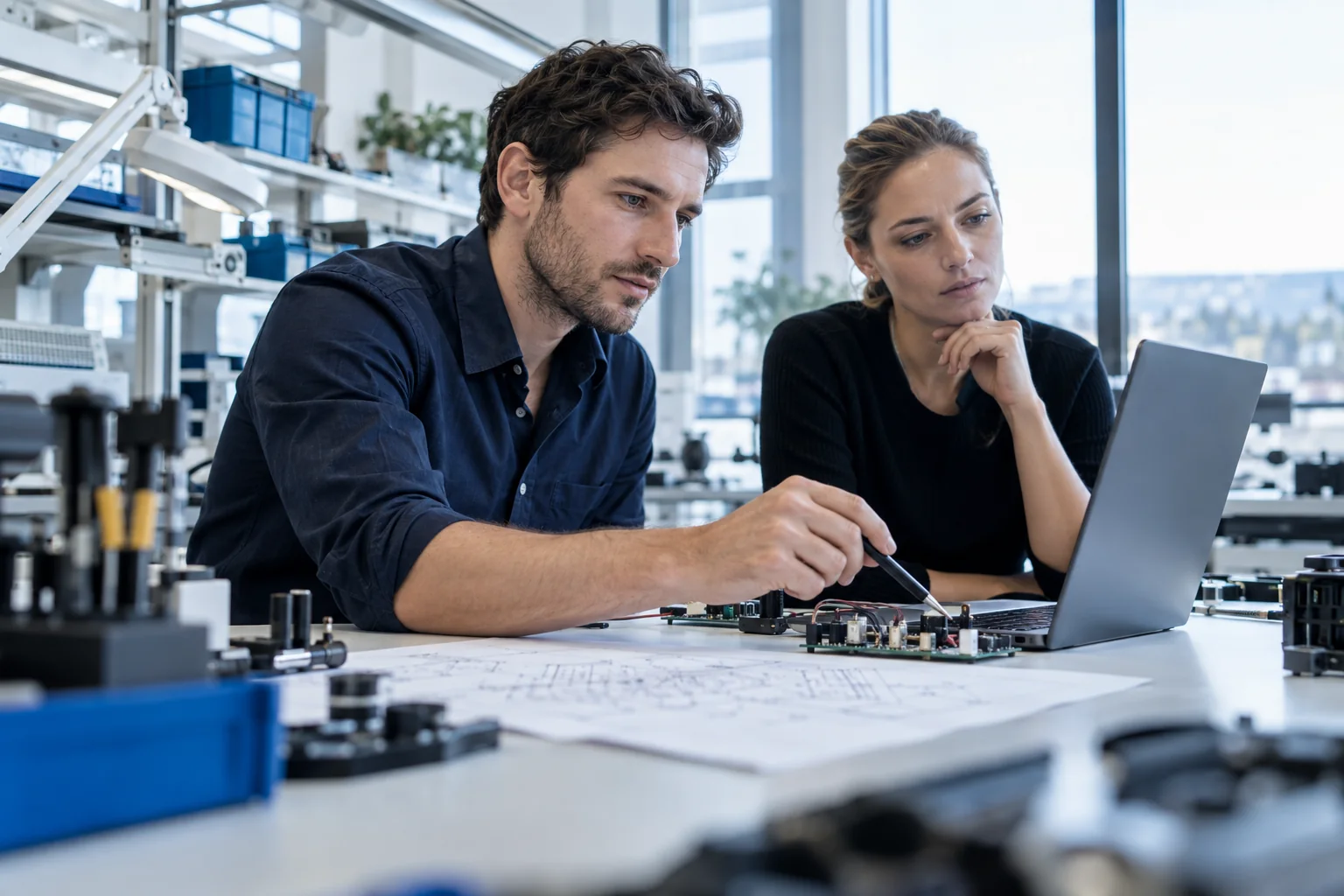 Engineers comparing a working prototype with a technical design.