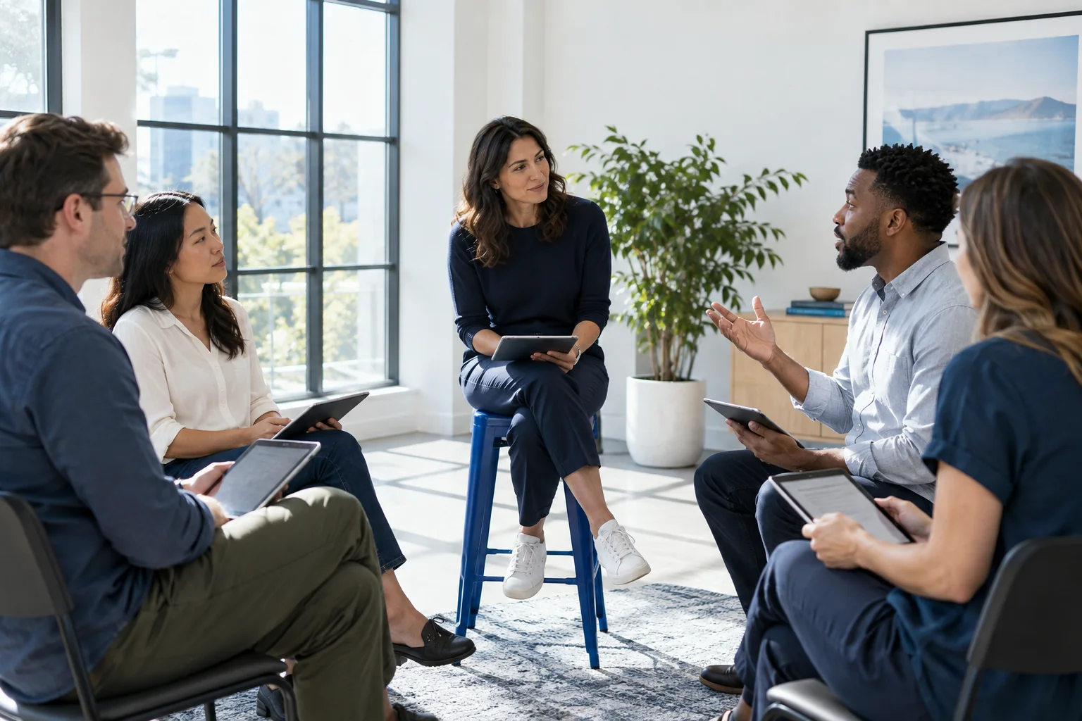 A facilitator listening to participants during a small-group workshop.