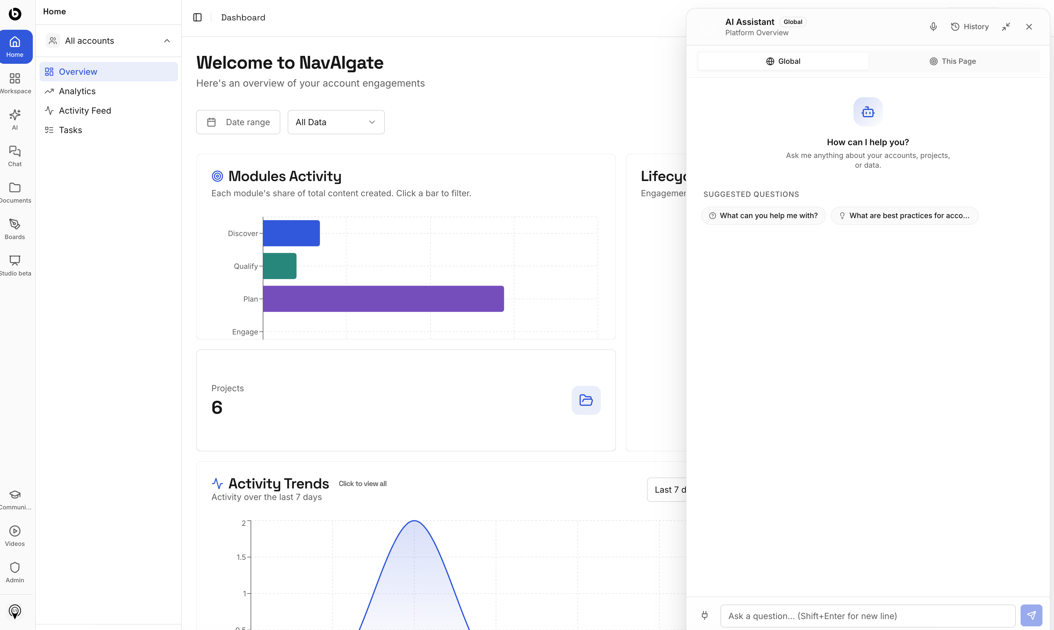 bluplai dashboard showing the account overview and global AI assistant